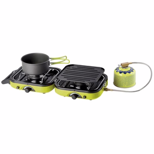 Meva DUAL COMPACT + GRILL matka-gaasipliit gaasiballoonidele, kokkupandav 2 põletiga mudel grillplaadiga