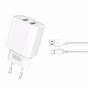 XO seinalaadija CE02C 2x USB 2,1A, valge + microUSB-kaabel