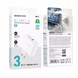 Borofone Wall Laadija BN11 Imperial - USB + 2xType C - QC 3.0 PD 100W valge