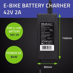 Qoltec 50760 – elektrijalgratta akulaadija, 36 V / 42 V, 2 A, 5.5×2.1 mm pistik