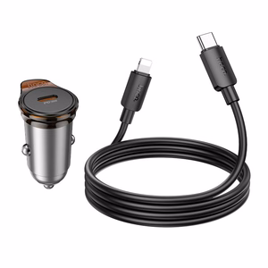 Автомобильное зарядное устройство Hoco USB C QC PD 30W + кабель USB C to Lightning NZ16 металл серое