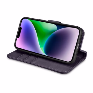 iCarer Rahakott ümbris 2in1 Case iPhone 14 nahast Flip Cover Anti-RFID tumelilla (WMI14220725-DP)