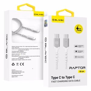 Blavec Kaabel Raptor braided - Type C to Type C - PD 60W 3A 0,5 metres Apple CarPlay/Android Auto (CRA-CC3WS05) valge-hõbedane