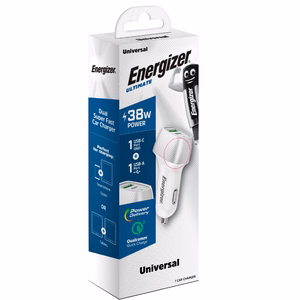 Energizer Ultimate D38WS autolaadija, USB-C + USB-A, 38 W PD + QC 3,0, valge ja hõbedane