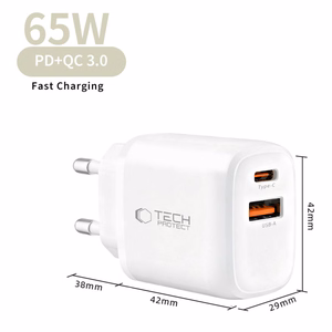 Tech-Protect NCA65W-GaN 2 pesaga 65 W PD/QC 3.0 seinatoiteadapter – valge