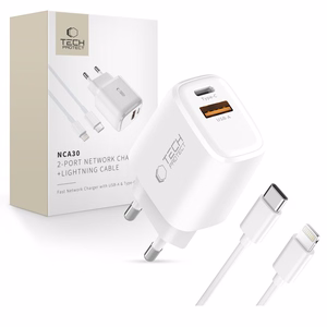 Tech-Protect NCA30 PD 30W QC3.0 USB-A / USB-C Wall Laadija + USB-C / Lightning Kaabel 100cm - valge
