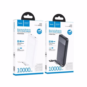 Akupank Hoco 10000 mAh 2A nelja sisseehitatud kaabliga USB A + USB C + Lightning + Micro USB J163 must