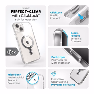 Speck Presidio Perfect-Clear MagSafe ümbris ClickLock-tehnoloogiaga seadmele iPhone 15 Plus / 14 Plus, läbipaistev kroomivärvi rõngaga