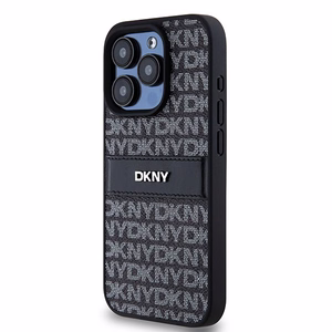 DKNY Leather Mono Stripe & Metal Logo ümbris jaoks iPhone 15 Pro - must