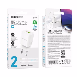 Borofone Wall Laadija BN14 Royal GaN - USB + Type C - QC 3.0 PD 30W with Type C to Lightning Kaabel valge
