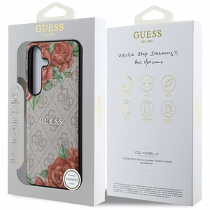 Guess Leather 4G Flowers Print Metal Classic Logo MagSafe Ümbris jaoks Samsung Galaxy S25 - roosa