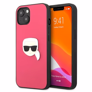 Karl Lagerfeldi nahast Ikonik Karl's Head metallist ümbris iPhone 13 mini jaoks - roosa