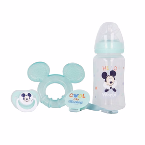 Mickey Mouse Cool beebikomplekt: 240 ml lutipudel, anatoomiline lutt, närimisrõngas ja lutihoidja