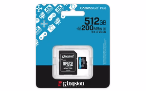 Kingston mälukaart 512GB microSDXC Canvas Go Plus Gen4 200MB/s A2 U3 V30 + adapter