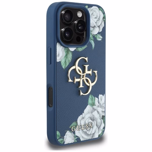 Guess Grained Roses Big 4G logo ümbris jaoks iPhone 16 Pro Max - sinine