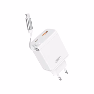 XO wall laadija CE31 1x USB 1x USB-C 30W valge with retractable USB-C kaabel