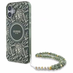 Guess IML Flowers Allover Electro With Pearl Strap MagSafe ümbris jaoks iPhone 16 - roheline