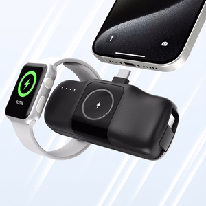 Wozinsky WF16-YCS 5000mAh 15W USB-C Mini Power Bank with Built-in USB-C Cable and Apple Watch Charger - Black