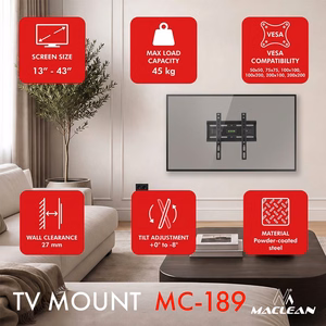 Maclean MC-189 – TV-seinakinnitus, 13–43-tolline, VESA 200×200, kuni 45 kg, must, kallutus +2° to -10°