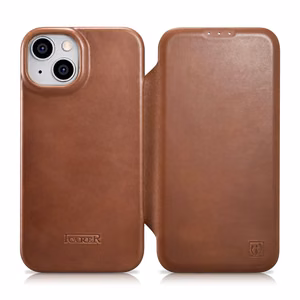 iCarer CE Oil Wax Premium Leather Folio Case iPhone 14 Plus magnetiline flip case MagSafe pruun (AKI14220707-BN)
