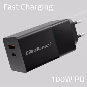 Qoltec 52382 GaN POWER PRO laadija | 1xUSB type C | 1xUSB A | 100W | 5-20V | 1.5-5A | PD | must