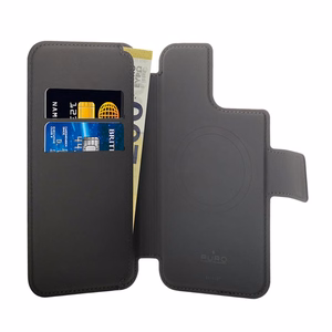 Puro Folio MagSafe 2-in-1 rahakotiga ümbris iPhone 15 Plus / 14 Plus / 12 Pro Max jaoks, must