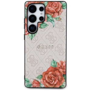 Guess Leather 4G Flowers Print Metal Classic Logo MagSafe Ümbris jaoks Samsung Galaxy S25 Ultra - roosa