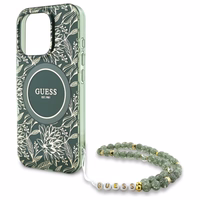 Guess IML Flowers Allover Electro With Pearl Strap MagSafe ümbris jaoks iPhone 16 Pro Max - roheline