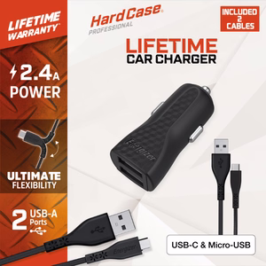 Energizer HardCase DC2BLCMM autolaadija, 2 × USB-A, 2,4 A, USB-C- ja Micro-USB-kaabliga, must