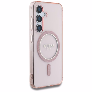 Guess Glitter Circle Classic Logo MagSafe Ümbris jaoks Samsung Galaxy S25 roosa