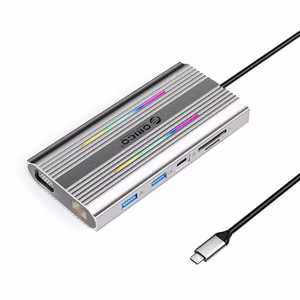 Orico XCR 12in1 RGB USB-C Docking Station 3x USB-A USB-C PD 100W HDMI 4K VGA RJ45 Gigabit SD and microSD Card Reader - Silver