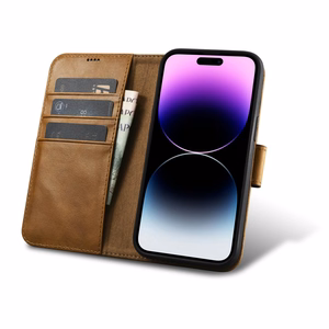 iCarer õlivaha rahakoti ümbris 2in1 Cover iPhone 14 Pro Anti-RFID nahast Flip Case Brown (WMI14220722-TN)