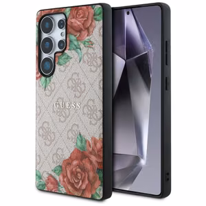 Guess Leather 4G Flowers Print Metal Classic Logo MagSafe Ümbris jaoks Samsung Galaxy S25 Ultra - roosa