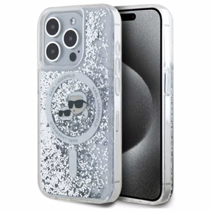 Karl Lagerfeld Liquid Glitter Karl & Choupette Head Magsafe iPhone 15 Pro Ümbris - Clear