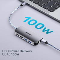 UNITEK aktiivne jaotur USB-C 2X HDMI 4K, RJ45, PD 100W