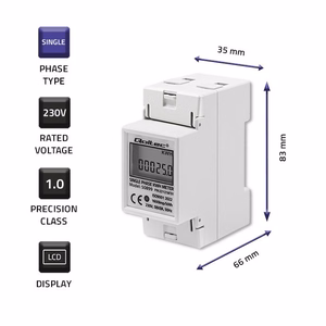 Qoltec 50899 – ühefaasiline elektrooniline elektriarvesti, 230 V, LCD, 2P, DIN-liist