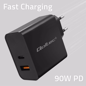 Qoltec 52381 Super Quick PD laadija | 1xUSB-C | 1xUSB | 90W | 5-20V | 2.4-4.35A | must