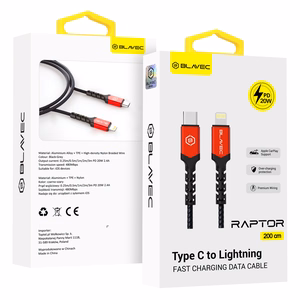 Blavec Kaabel Raptor braided - Type C to Lightning - PD 20W 2,4A 2 metres Apple CarPlay (CRA-CL24BR20) must-punane