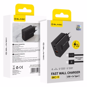 Blavec сетевое зарядное устройство BC-11 GaN - USB + 2xType C - QC PD 65W 3A с кабелем Type C на Type C (TCBC11G-U2CB653A) черное