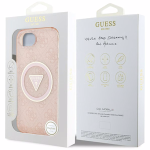 Оригинальный чехол GUESS IML Metal Glitter 4G Circle Triangle MagSafe для iPhone 17e/16e розовый