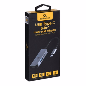 Gembird A-CM-COMBO3-02 USB Type-C 3-in-1 mitmepordine adapter (USB port + HDMI + PD), hõbedane