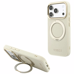 Guess Grained Classic Logo ümbris seadmele iPhone 18 Pro / 17 Pro, 360° rõngastoega, MagSafe-ühilduv – beež