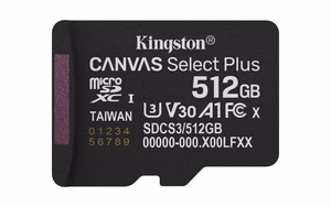 Kingston Technology 512GB microSDXC Canvas Select Plus Gen3 150MB/s A1 kaart + adapter
