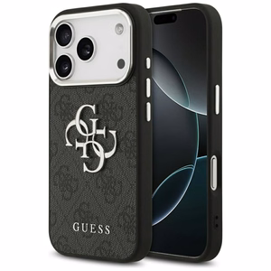 GUESS ümbris IPHONE 17 Pro GUHCP17LP4G4SMCK jaoks (4G PU-nahast ümbris suure 4G ja klassikalise logoga ning hõbedase metallist kaameraraamiga), must