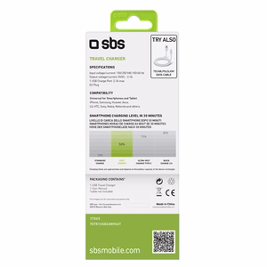SBS TETR1USB2AWFAST 10W USB-A Wall Laadija - valge