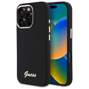 Guess Silicone Script Metal Logo & Frame Ümbris jaoks iPhone 16 Pro Max - must