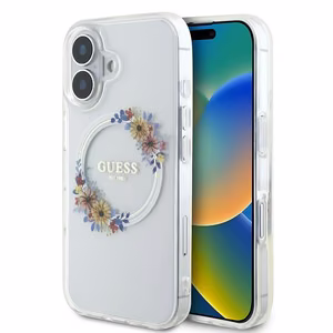 Guess IML Flowers Wreath MagSafe Ümbris jaoks iPhone 16 - Läbipaistev