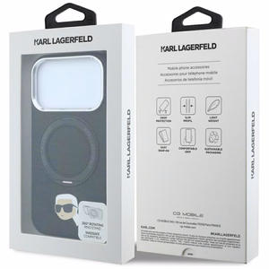 Must Karl Lagerfeldi MagSafe-ümbris 360° rõngasaluse ja Karli pea embleemiga iPhone 18 Pro Max / 17 Pro Max telefonile