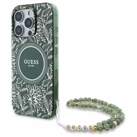 Guess IML Flowers Allover Electro With Pearl Strap MagSafe ümbris jaoks iPhone 16 Pro Max - roheline