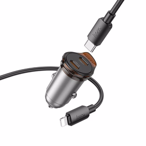 Автомобильное зарядное устройство Hoco 2 x USB C QC PD 45W + кабель USB C to Lightning NZ16B металл серое